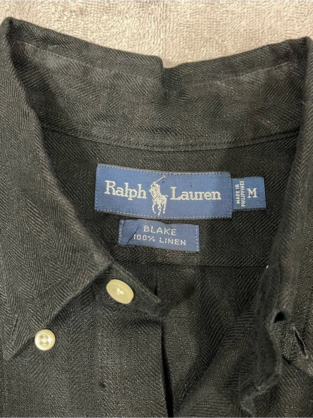 Polo Ralph Lauren Shirt Mens Medium Black Blake Short Sleeve 100% Linen Button